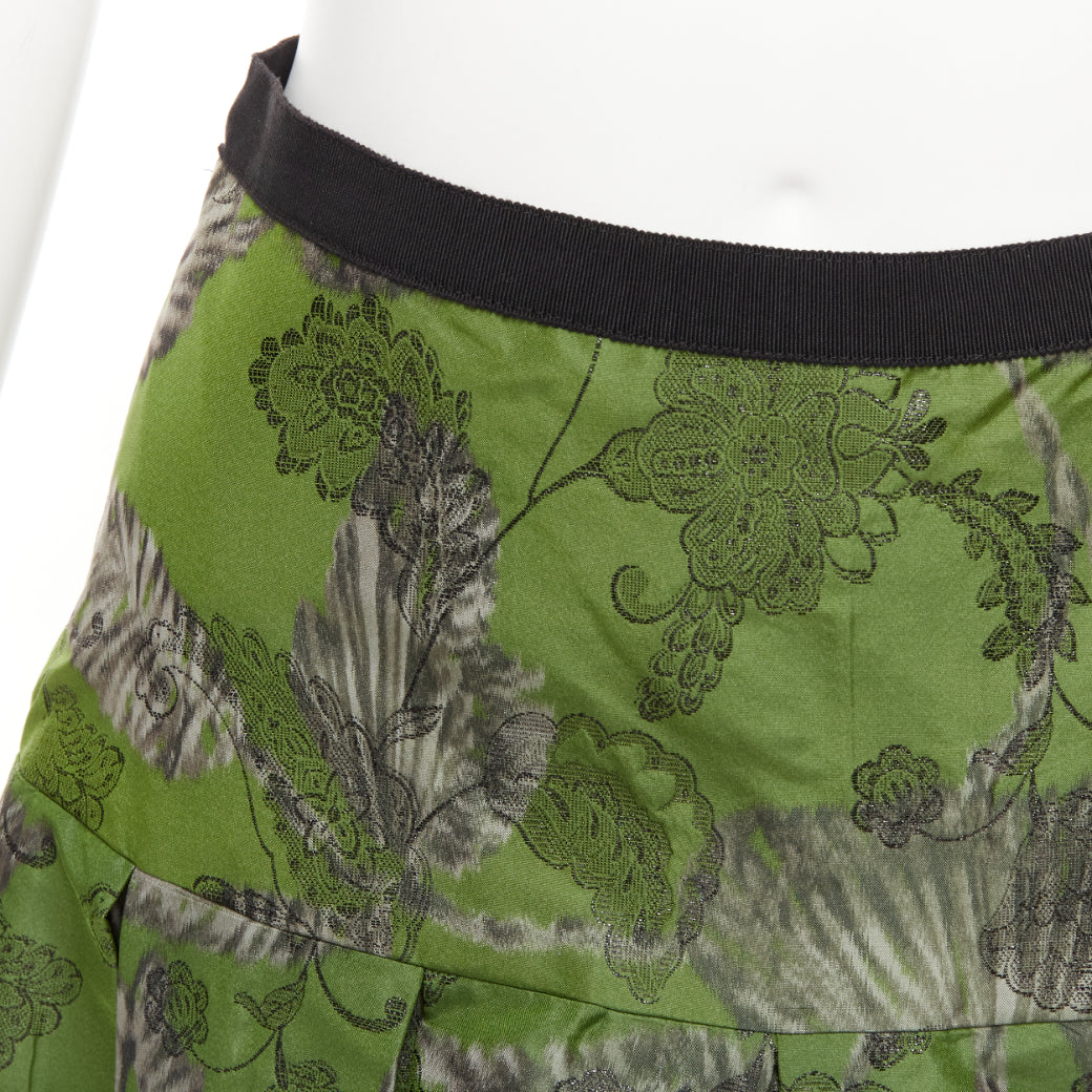 OSCAR DE LA RENTA 2018 green lurex floral brocade fitted flared midi skirt US2 S