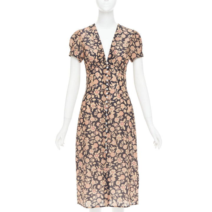 REALISATION Monica silk brown black floral shell buttons puff sleeve dress XS