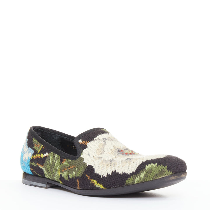 ALEXANDER MCQUEEN 2012 floral needlepoint textile evening slipper loafers EU43