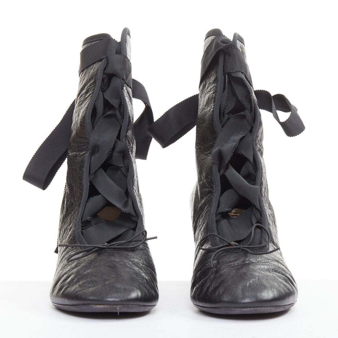 VALENTINO 2016 Runway black crinkled leather ribbon lace ballet booties EU37.5