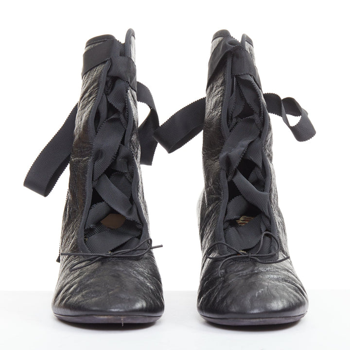VALENTINO 2016 Runway black crinkled leather ribbon lace ballet booties EU37.5