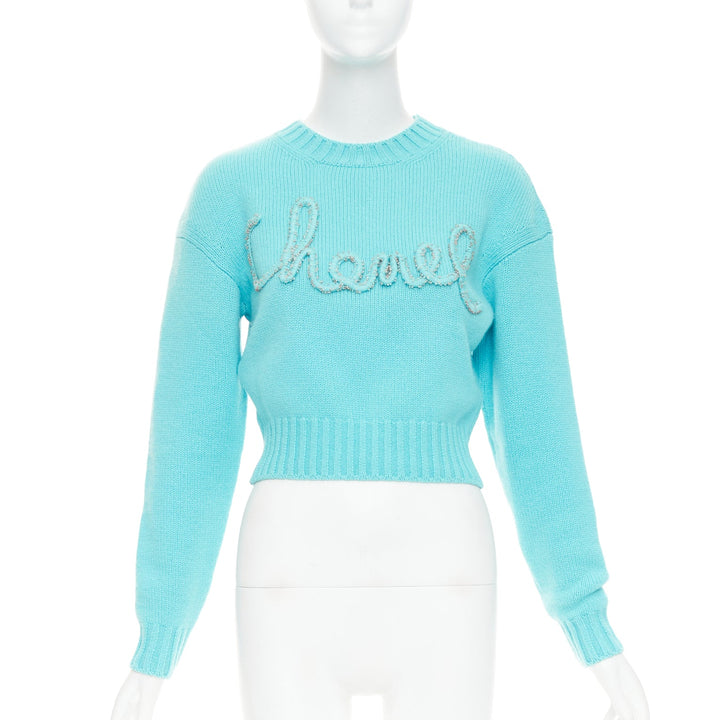 CHANEL 2020 100% cashmere cyan blue CC cursive logo cropped sweater¬† FR36 S