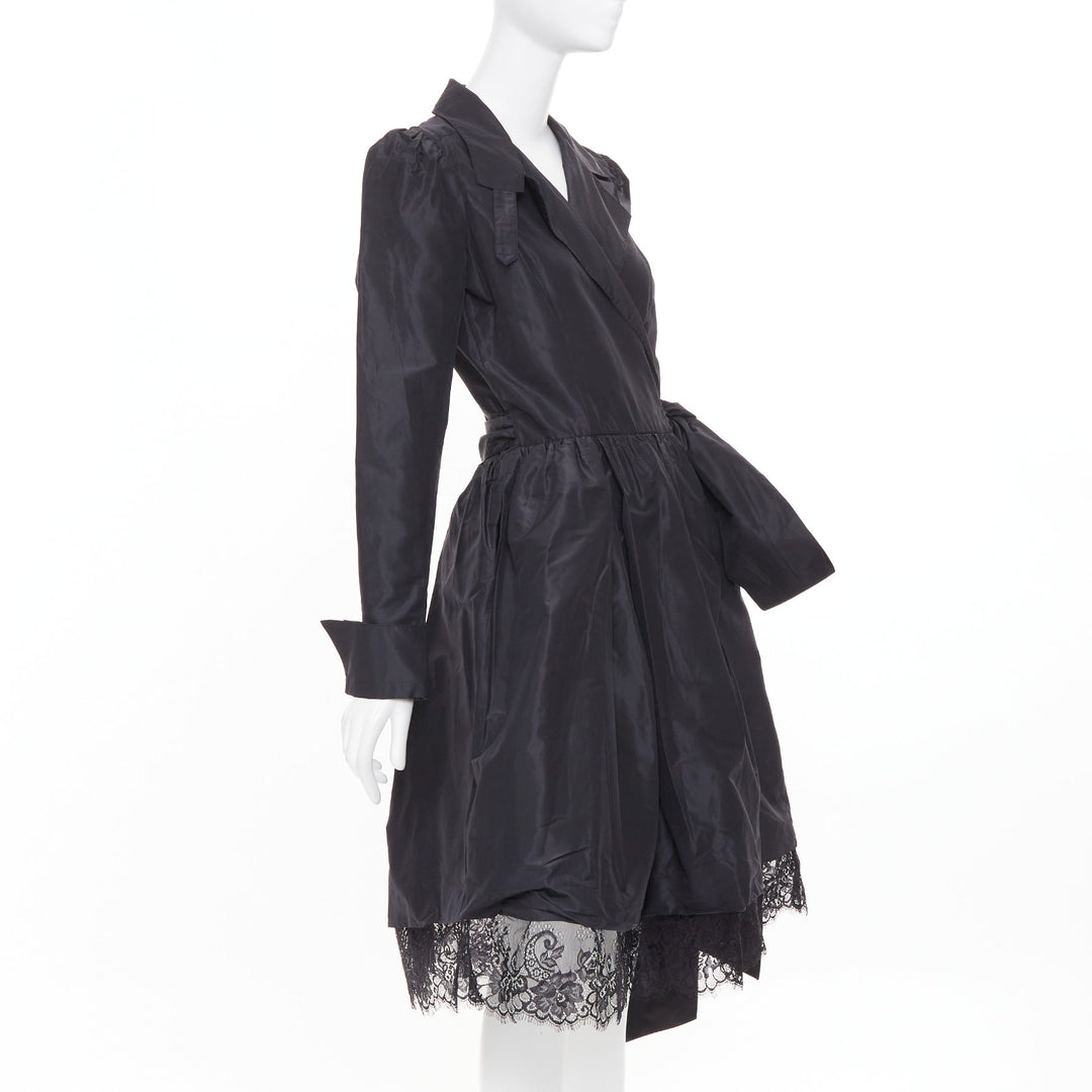 DIANE VON FURSTENBERG black scalloped lace hem silk taffeta wrap dress US8 L