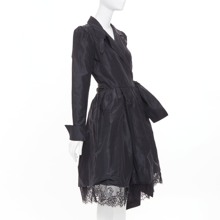 DIANE VON FURSTENBERG black scalloped lace hem silk taffeta wrap dress US8 L