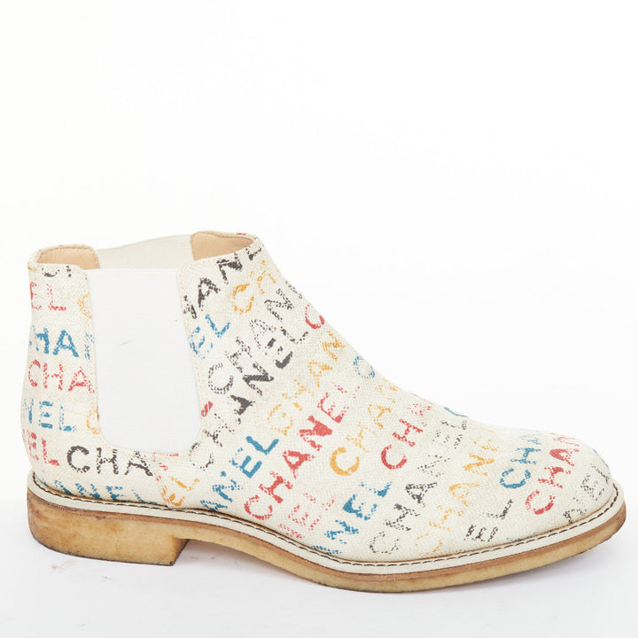CHANEL 2014 Runway Graffiti multicolor logo print canvas chelsea boots EU40.5