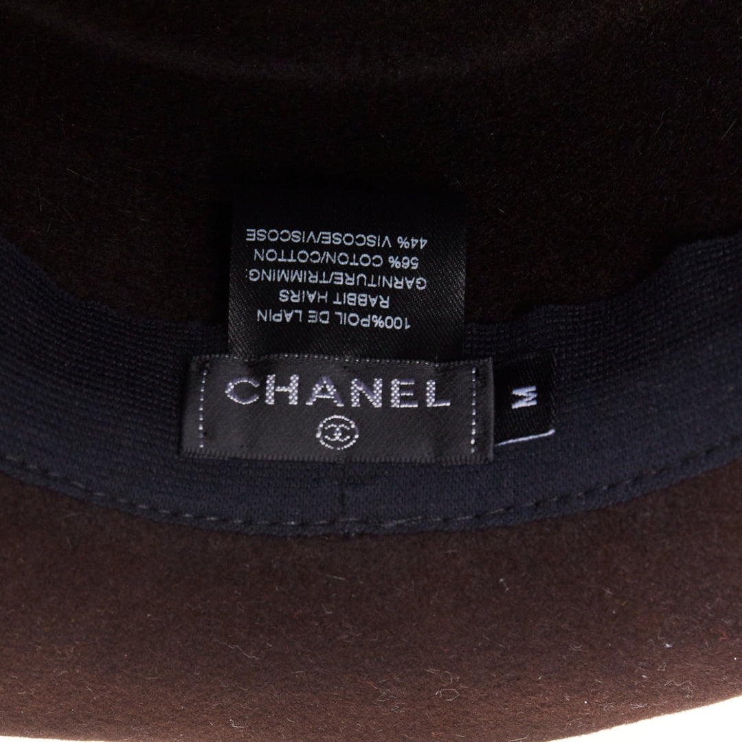 CHANEL 2014 Runway Paris-Dallas brown rabbit hair felt CC topstitch hat M