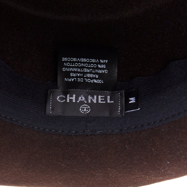 CHANEL 2014 Runway Paris-Dallas brown rabbit hair felt CC topstitch hat M