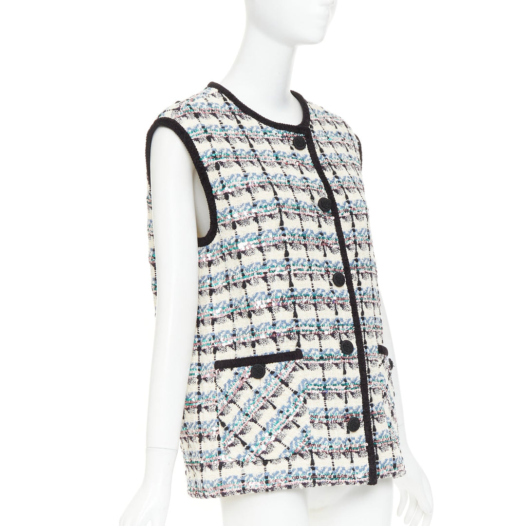 VALENTINO 2024 Mossi cream blue rose multicolour sequin tweed gilet vest  IT42 M