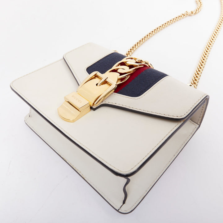 GUCCI Small Sylvie white calf leather navy red web stripe chain shoulder bag