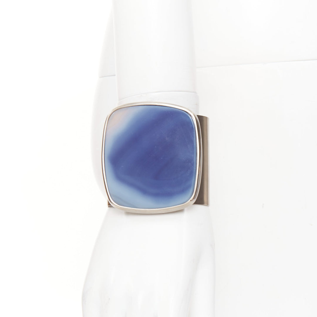 CHANEL B12A blue cushion cabochon stone CC engraved brushed silver cuff bangle