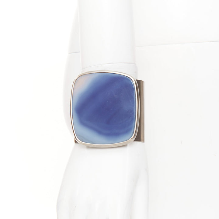 CHANEL B12A blue cushion cabochon stone CC engraved brushed silver cuff bangle