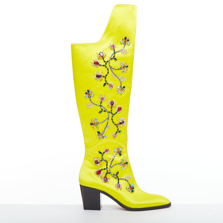 rare CHRISTIAN LOUBOUTIN Morgan Fleur 70 yellow satin blossom western boots EU43