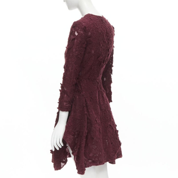 GIAMBATTISTA VALLI burgundy red floral 3D lace fit flared cocktail dress XS