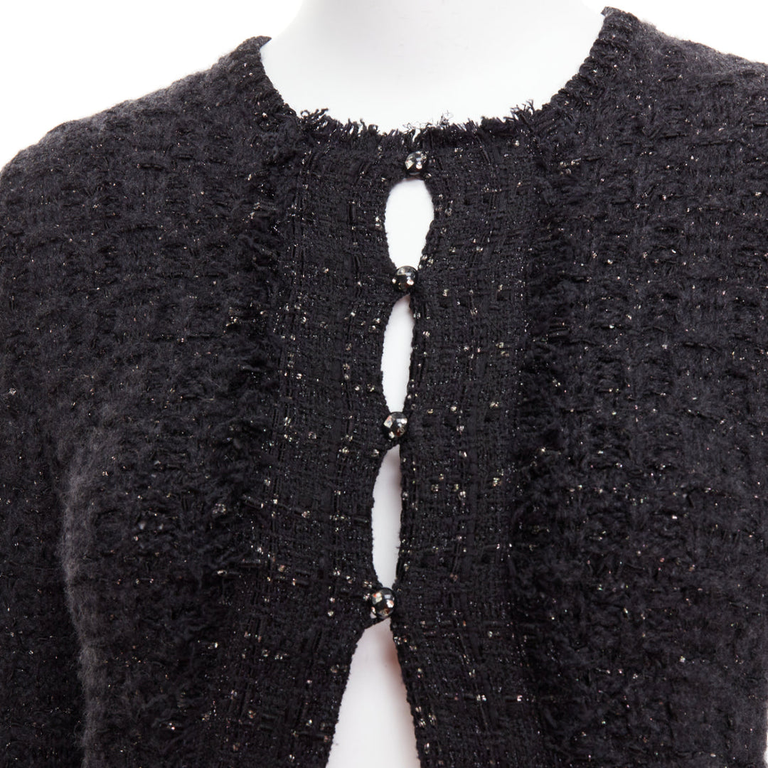 CHANEL 05A black metallic tweed silver CC logo cardigan jacket FR38 M