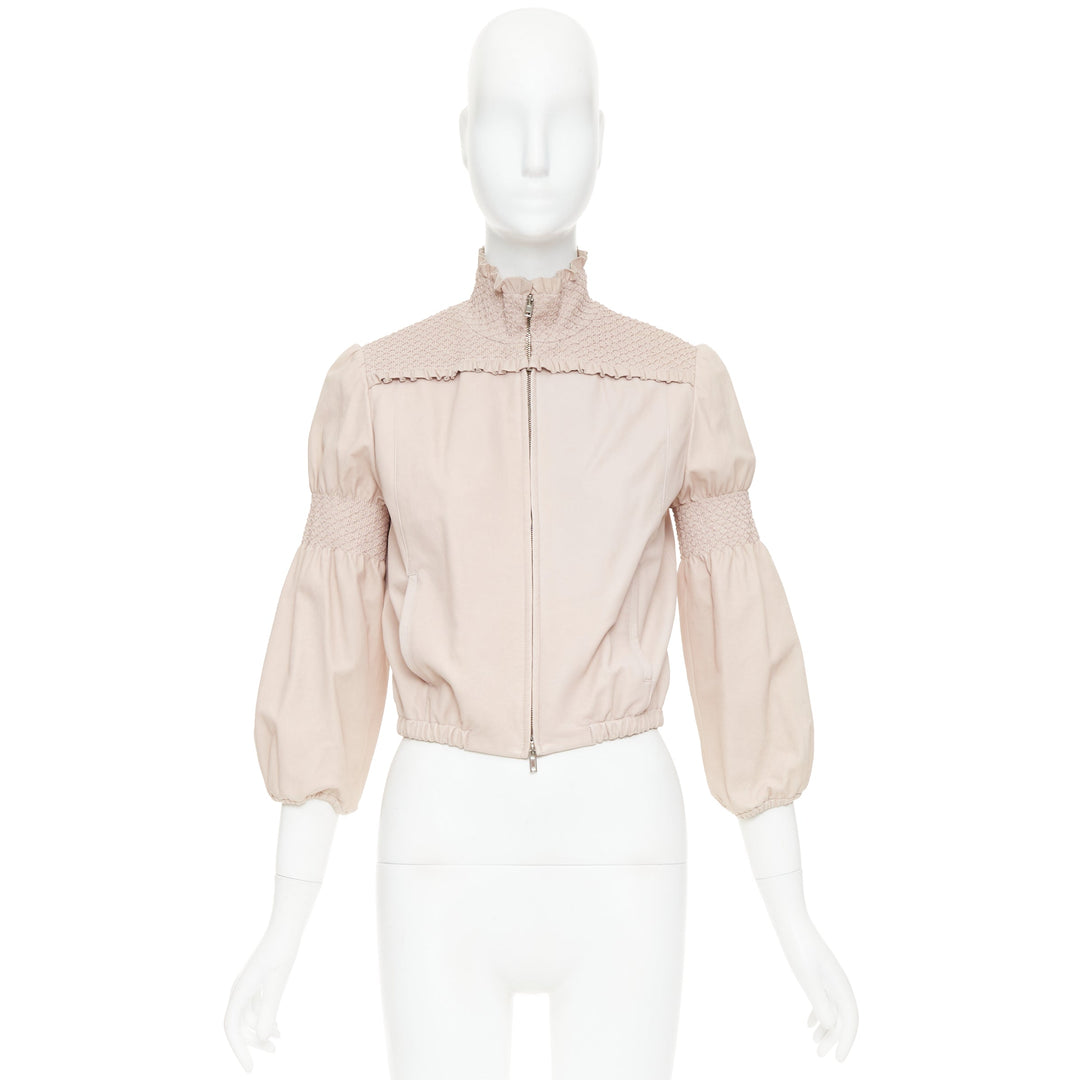 MIU MIU 2019 baby pink smocked lambskin leather ruffled puff crop jacket IT40 S