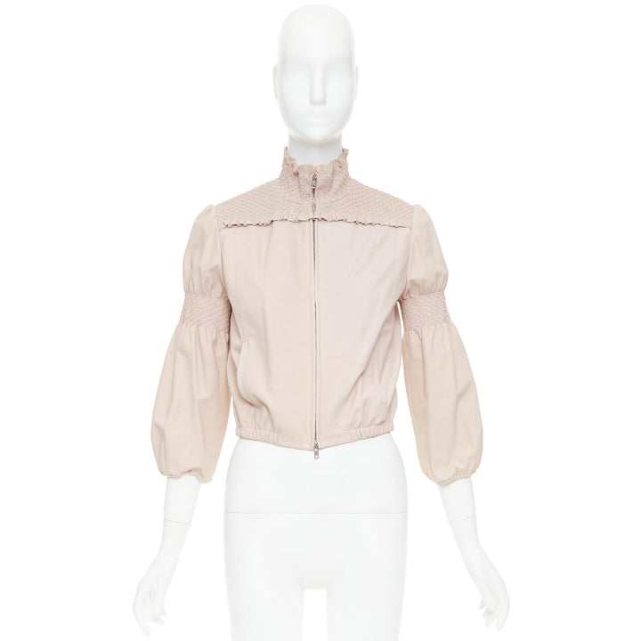 MIU MIU 2019 baby pink smocked lambskin leather ruffled puff crop jacket IT40 S