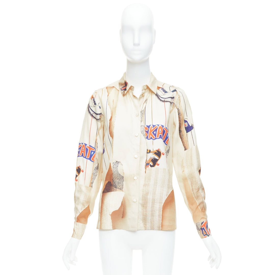 STELLA MCCARTNEY 100% silk nude skate paper print shirt IT38 XS