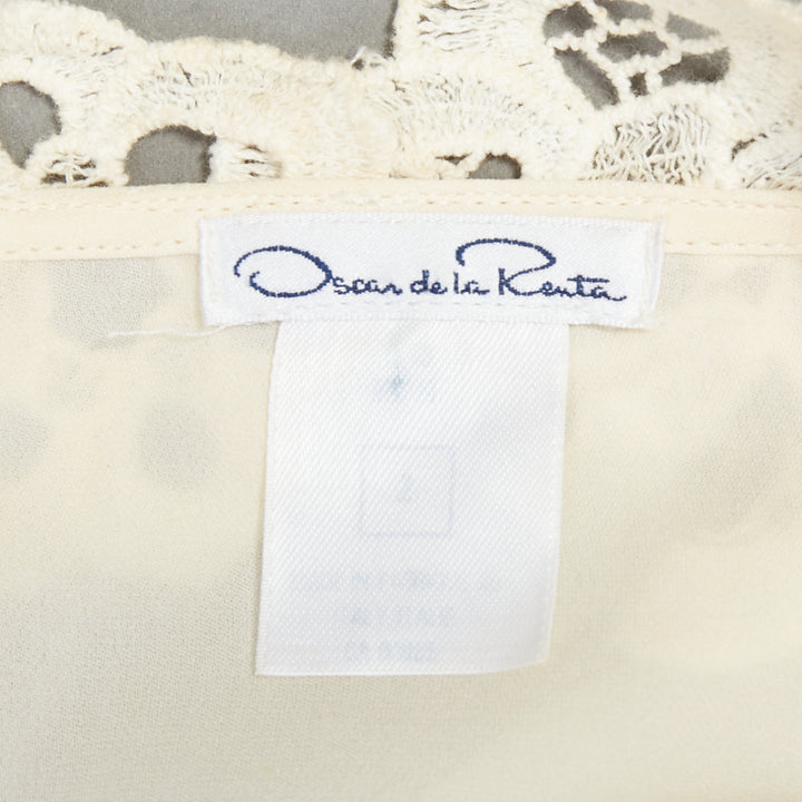 OSCAR DE LA RENTA cream 100% silk floral lace appliqu‚àö¬© peasant blouse US2 S