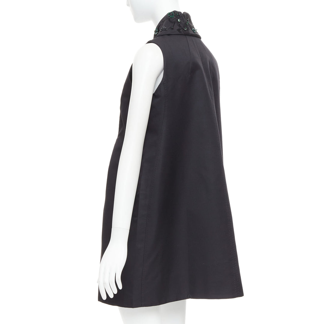 SHIATZY CHEN black wool silk green faux jade embellished long vest IT42 M