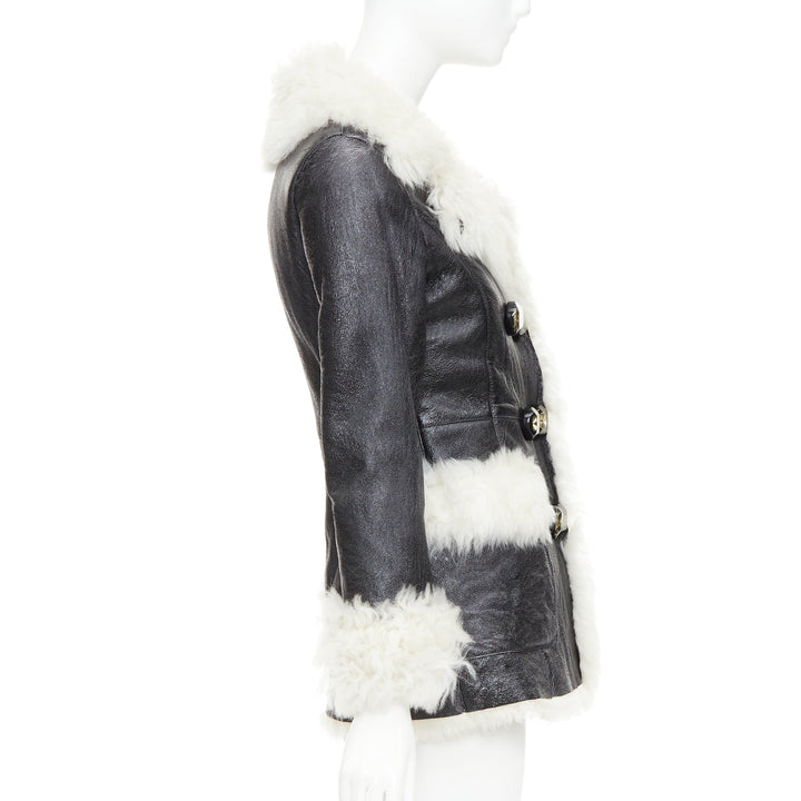 PRADA 2009 Vintage cream sheep fur black leather crystal buttons coat IT36 XXS