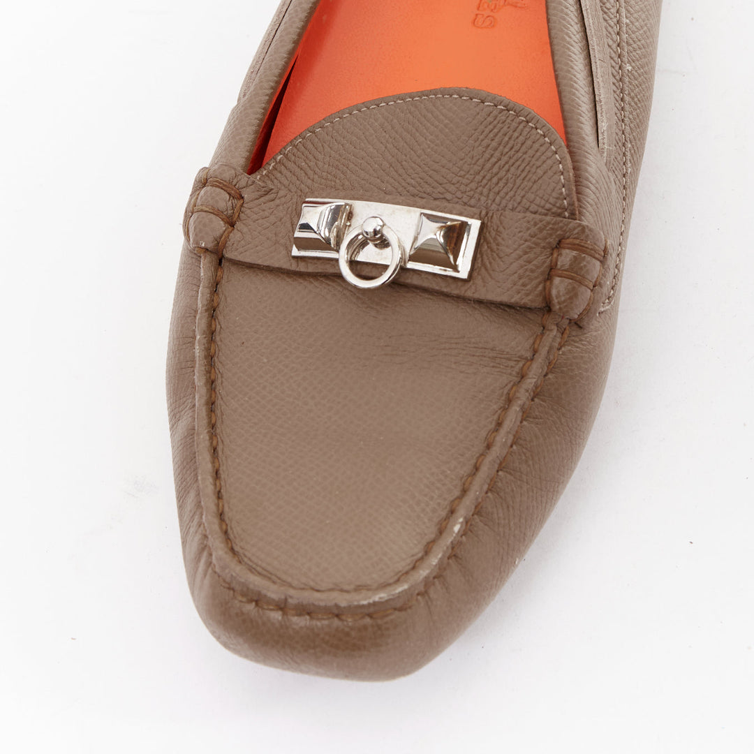 HERMES Irving stone taupe leather silver stud driving loafers EU35.5