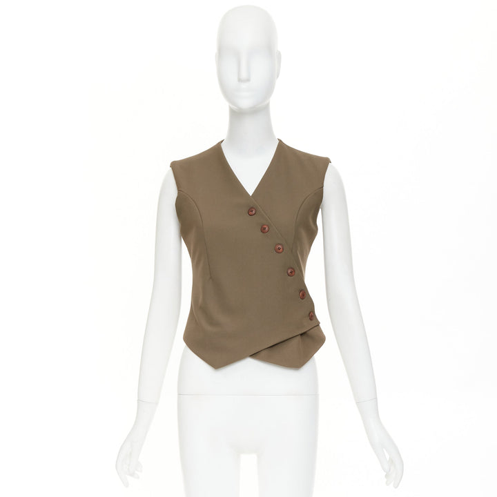 THE FRANKIE SHOP 2023 Maesa brown asymmetric cut crossover button up vest S