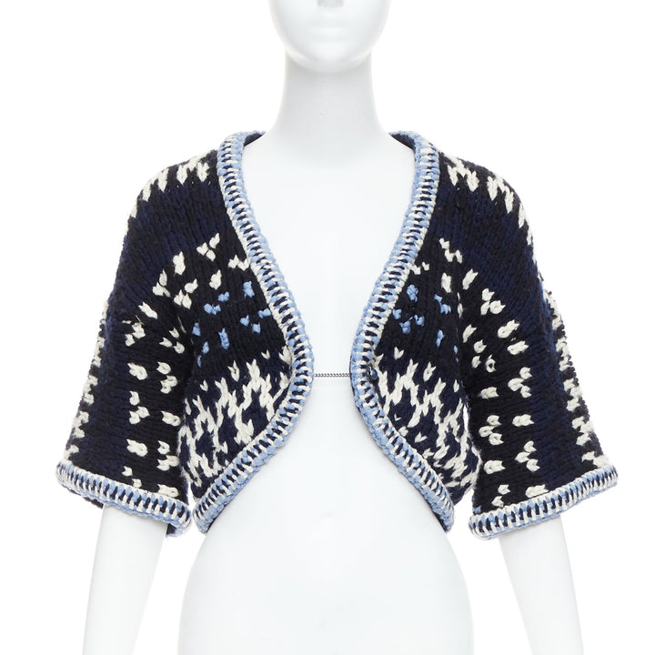 CHANEL navy white black wool braid trim cropped cardigan FR36 S