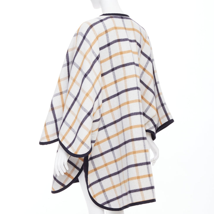 HERMES 2025 Camail Reversible navy cream checked cashmere crew cape poncho