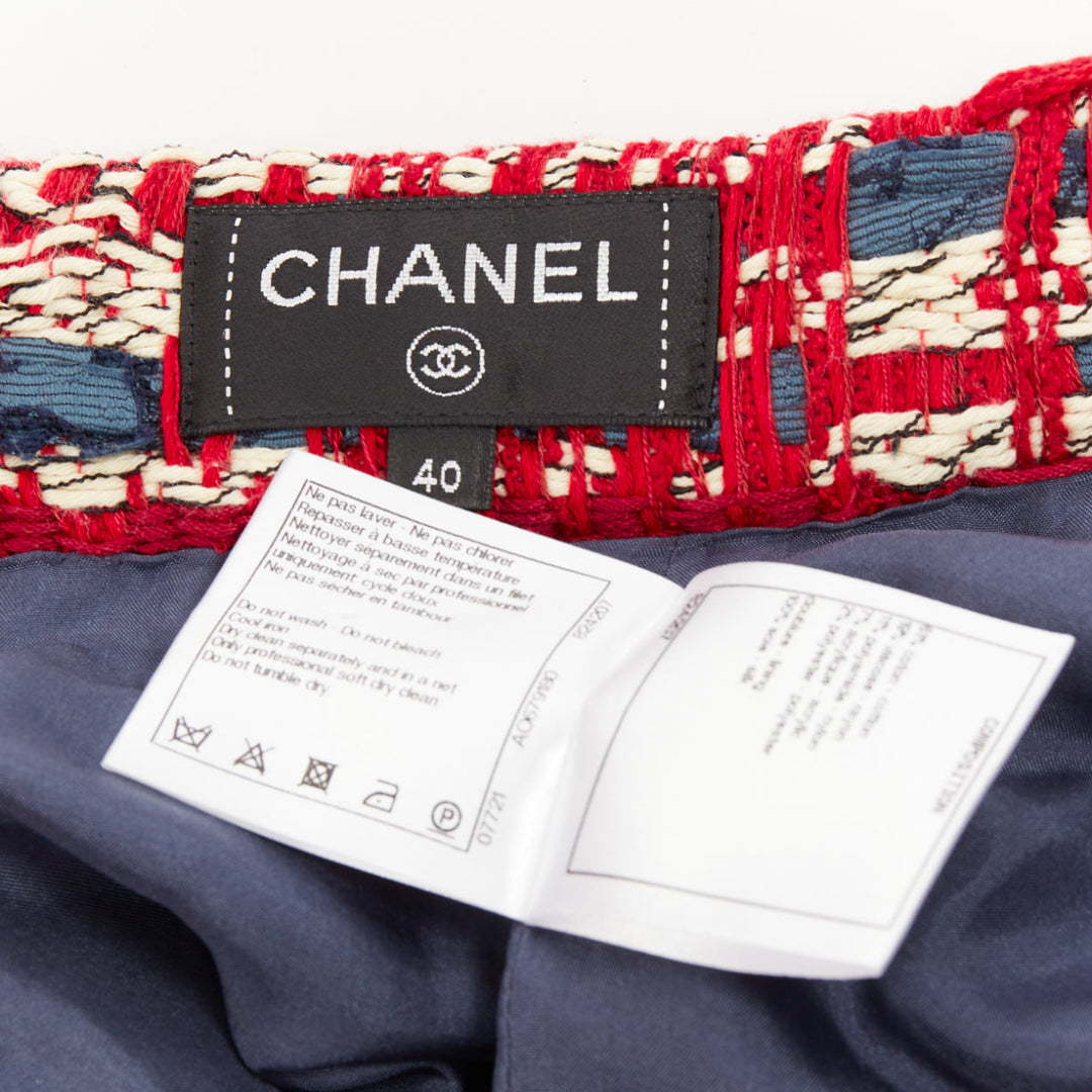 CHANEL 2013 Paris Dallas red multicolor cotton tweed fringe wrap skirt FR40 L