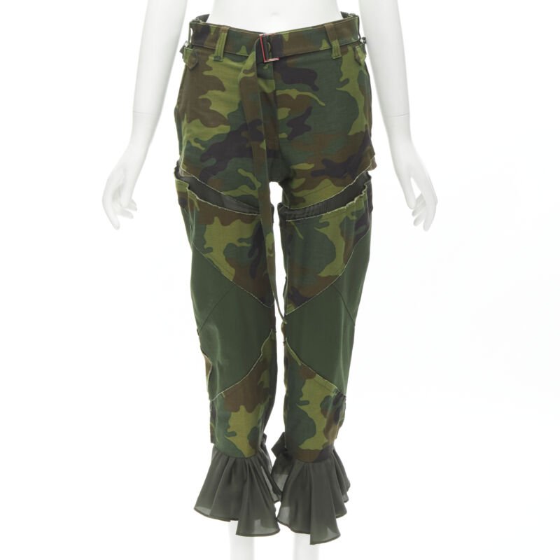 SACAI Chitose Abe green camouflage deconstructed patchwork flared hem pants S