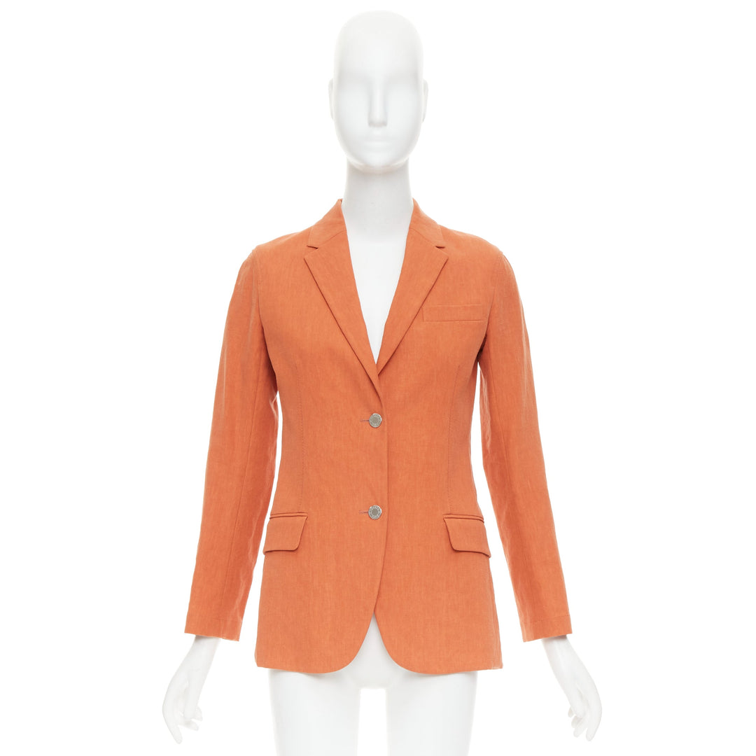 HERMES orange 100% linen logo buttons dual button blazer jacket FR34 XS
