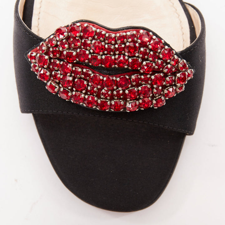 PRADA Special Edition red crystal lip black satin block heeled mules EU37.5