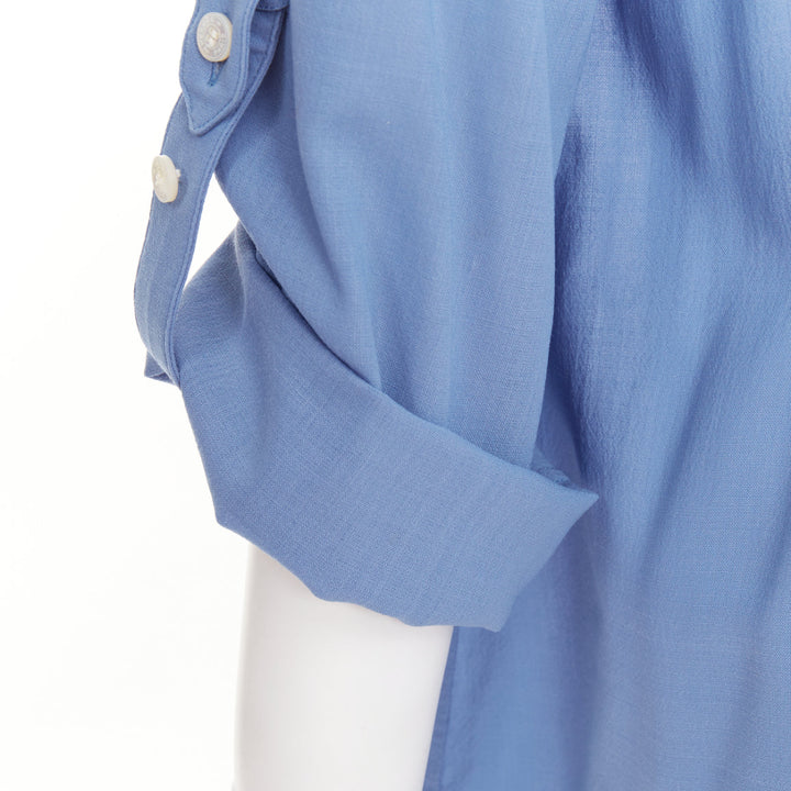HERMES blue virgin wool band collar rolled tab sleeves tunic shirt dress FR36 S