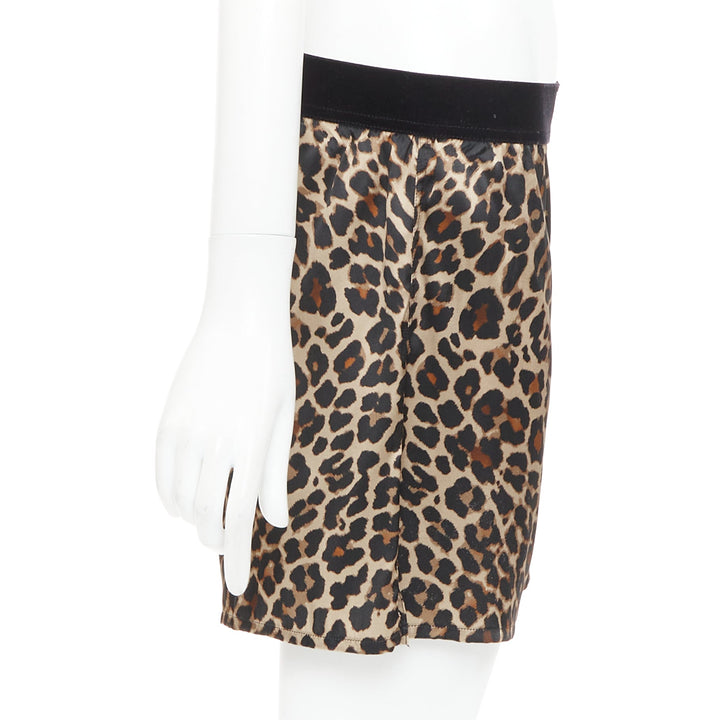 TOM FORD brown silk satin leopard print TF logo velvet trim shorts XS