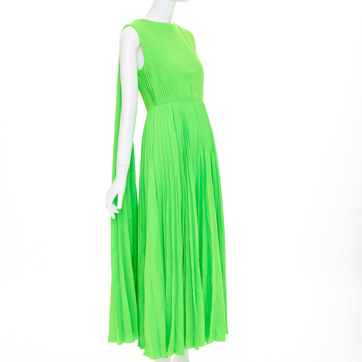VALENTINO 2019 neon green accordion pleated caped shoulder crepe dress IT40 S