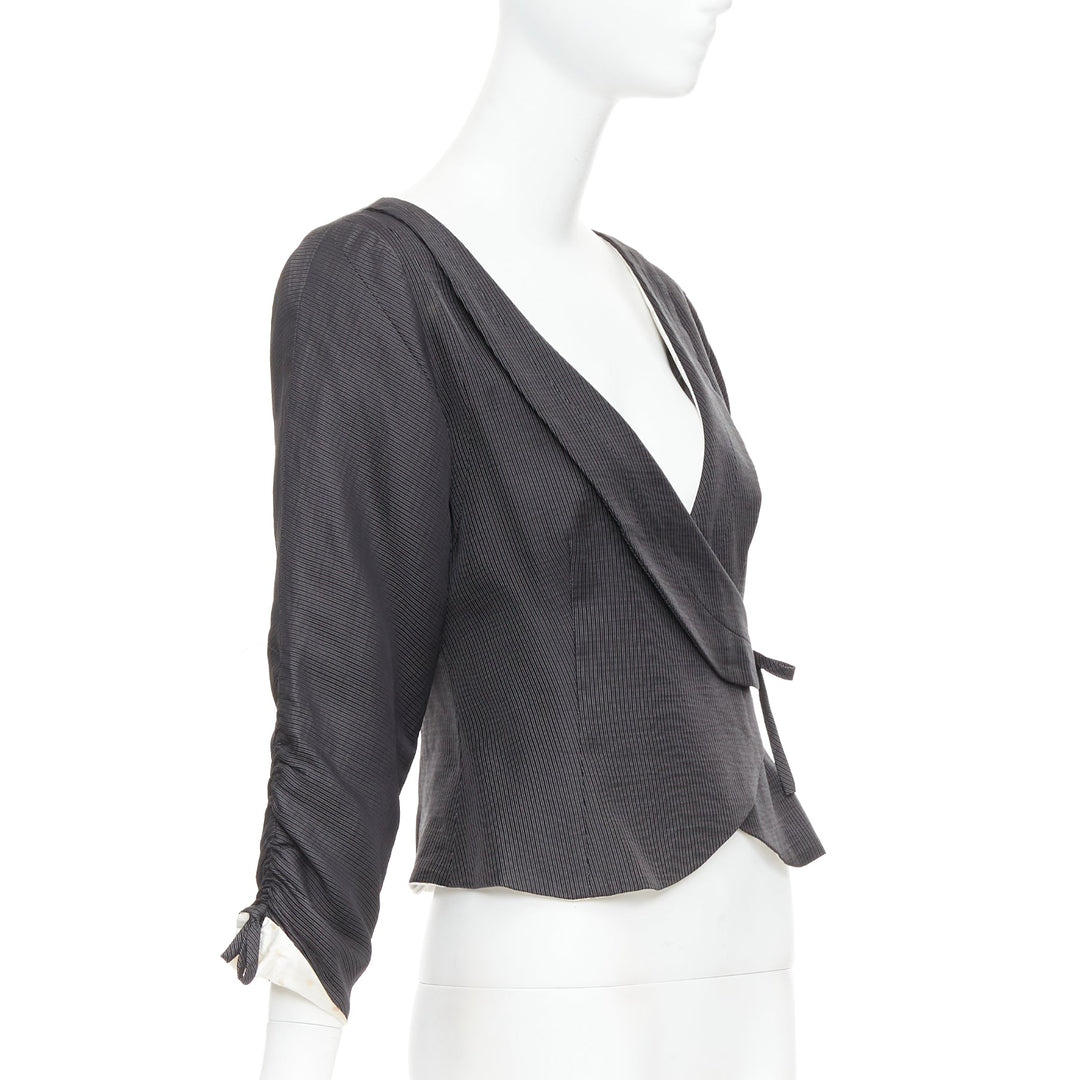 GIORGIO ARMANI grey ramie blend ruched kimono wrap crop blazer IT38 XS