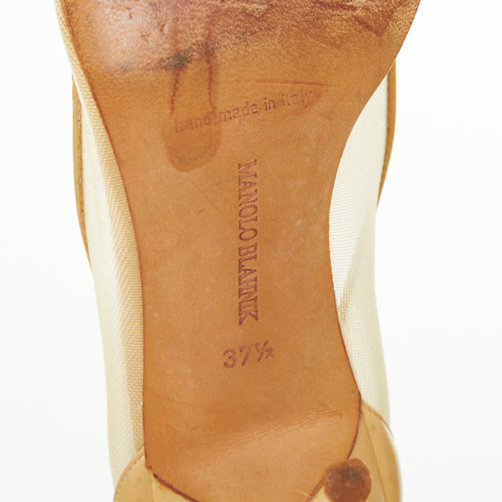 MANOLO BLAHNIK Belta sheer mesh nude beige leather cap toe stiletto pumps EU37.5
