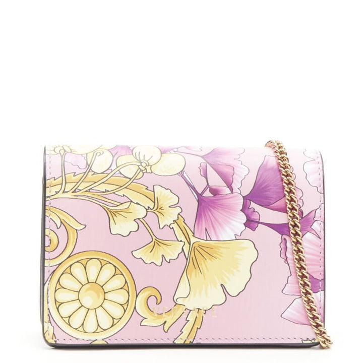 VERSACE Gingko Barocco pink gold floral leather wallet crossbody micro bag