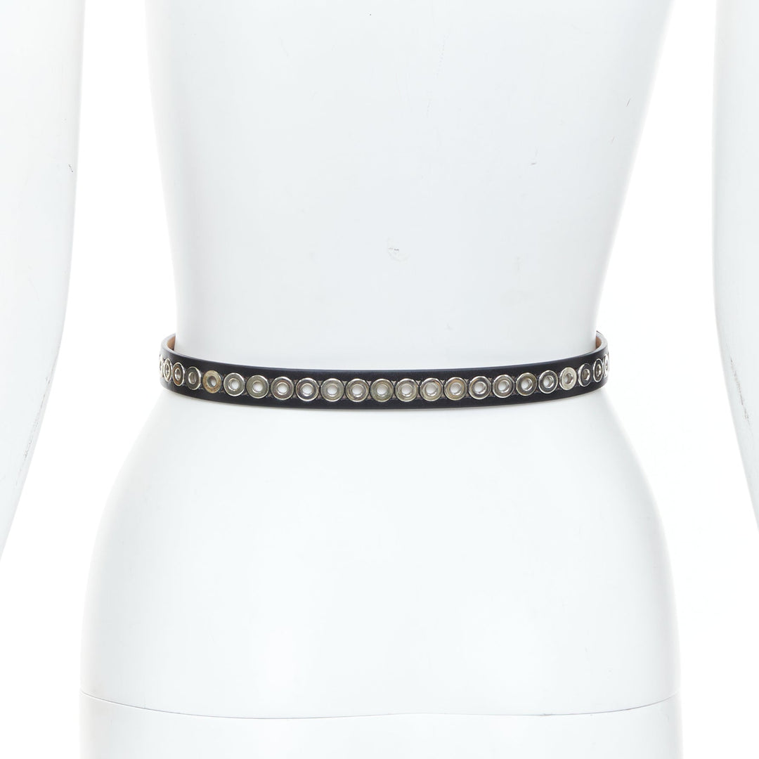 ALAIA Ovale black studded smooth calfskin leather waist belt grommet 65cm