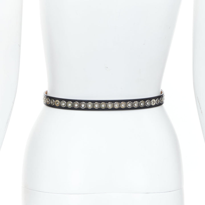 ALAIA Ovale black studded smooth calfskin leather waist belt grommet 65cm