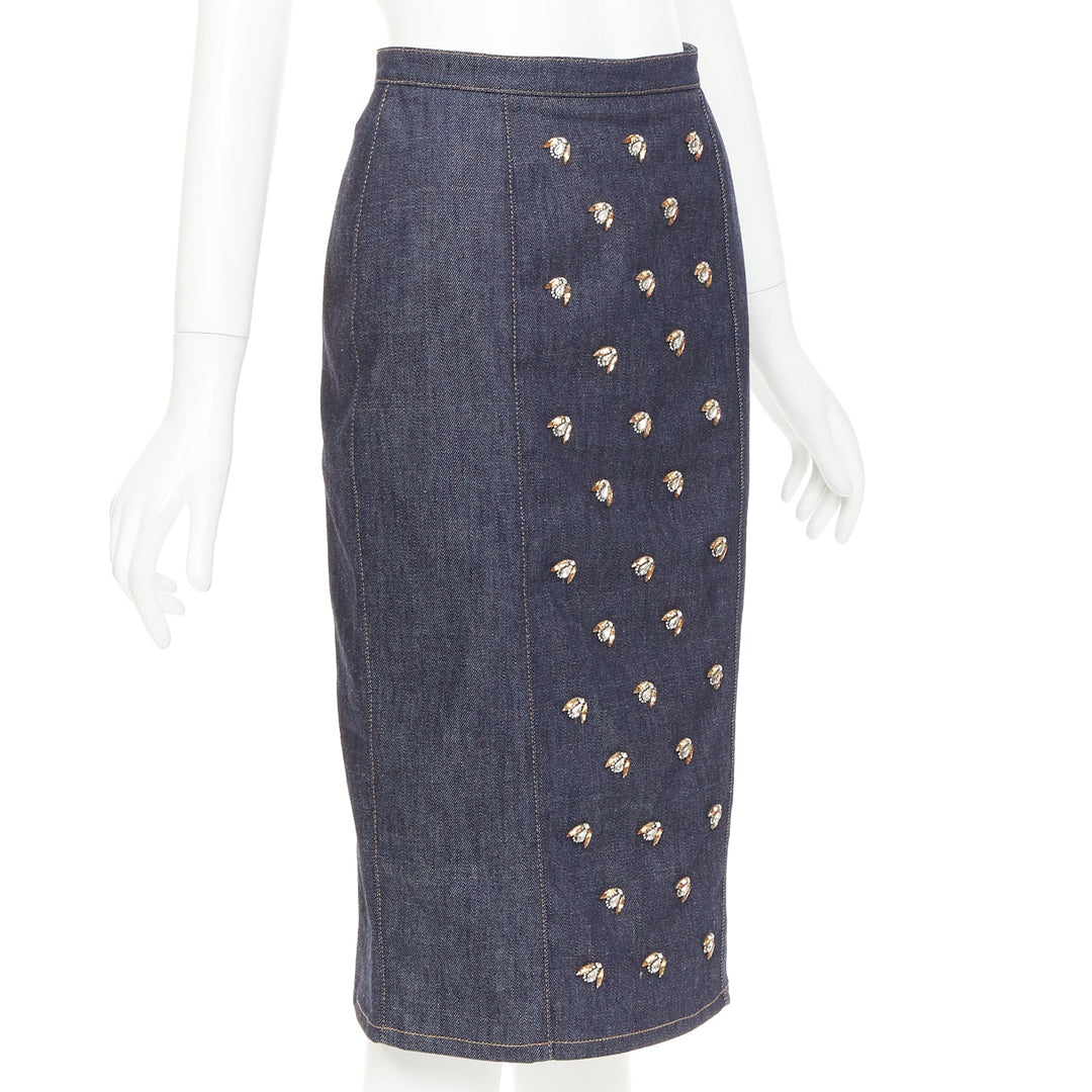 CHRISTIAN DIOR indigo blue denim glass metal bead embellished midi skirt FR36 S