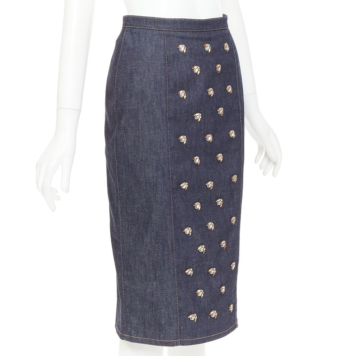 CHRISTIAN DIOR indigo blue denim glass metal bead embellished midi skirt FR36 S