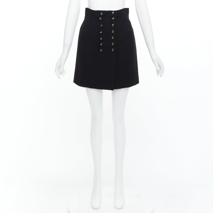 CHANEL 95C black  wool silk lined gold CC logo buttons skirt FR38 M