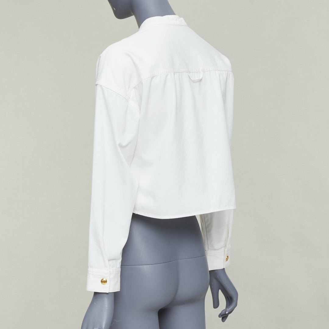 CELINE Triomphe optic white cotton anagram gold button crop popover shirt FR36 S
