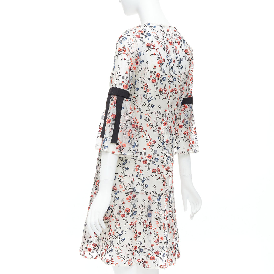 ERDEM Lissy 100% silk white red floral embroidered pleated dress UK8 S