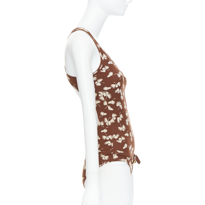 GUCCI Vintage brown cream floral print belted one piece swimsuit