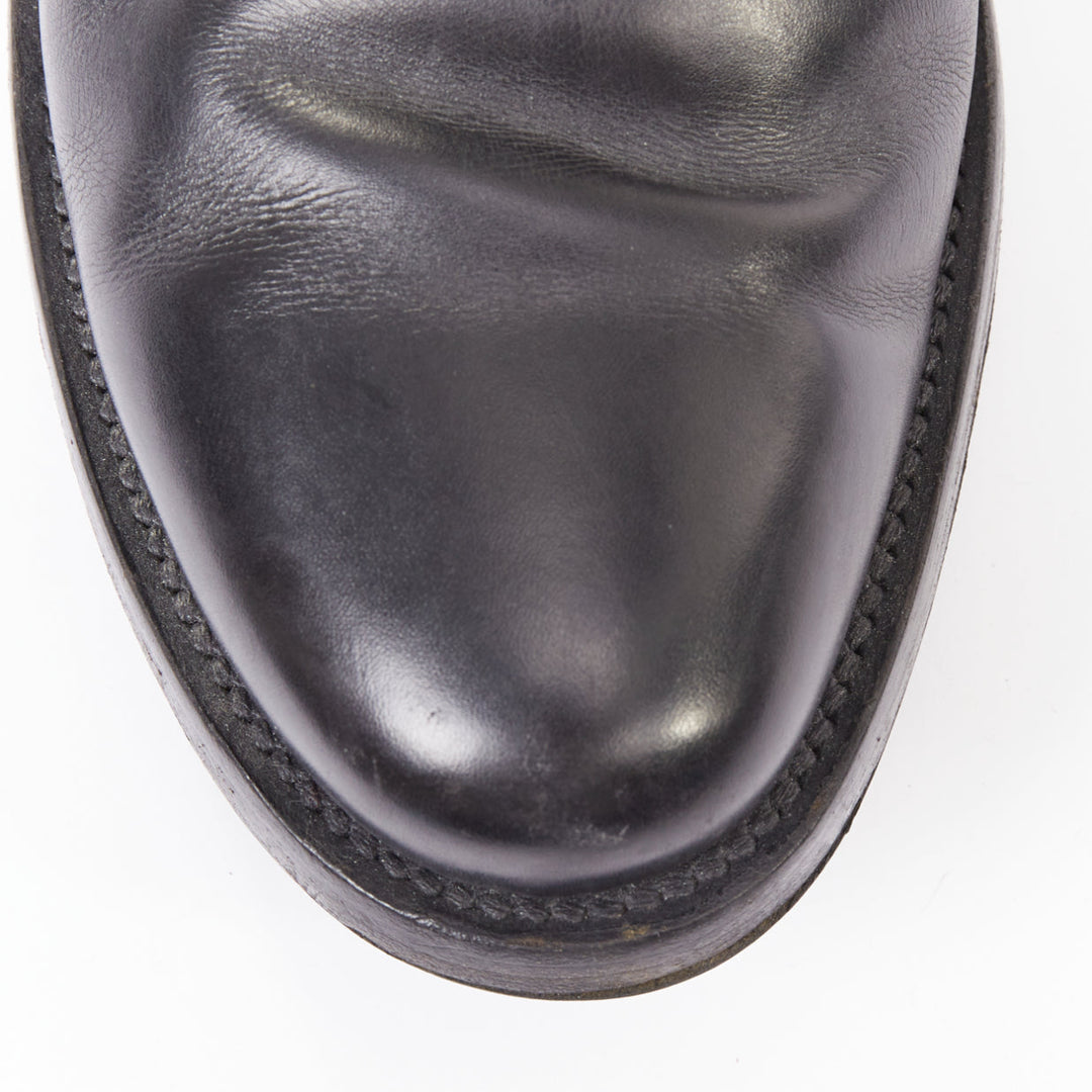 PRADA black calfskin silver rear buckle overlap round  ankle boots UK9.5 EU43.5