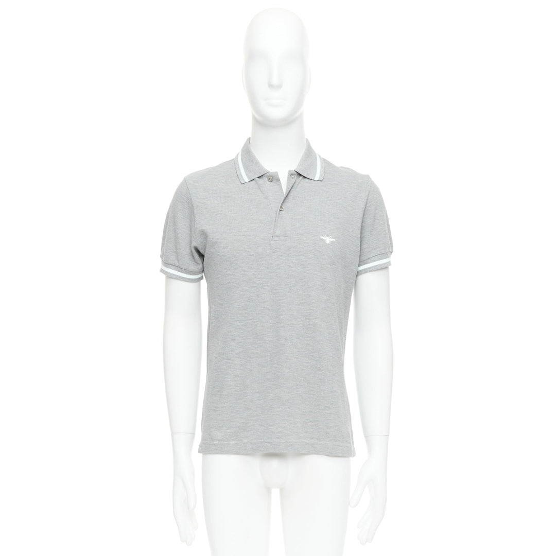 DIOR HOMME grey cotton pique white bee striped polo shirt FR46 S