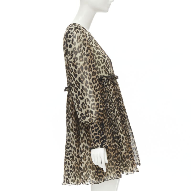 GANNI brown leopard spot print pleated flared babydoll dress FR36 S