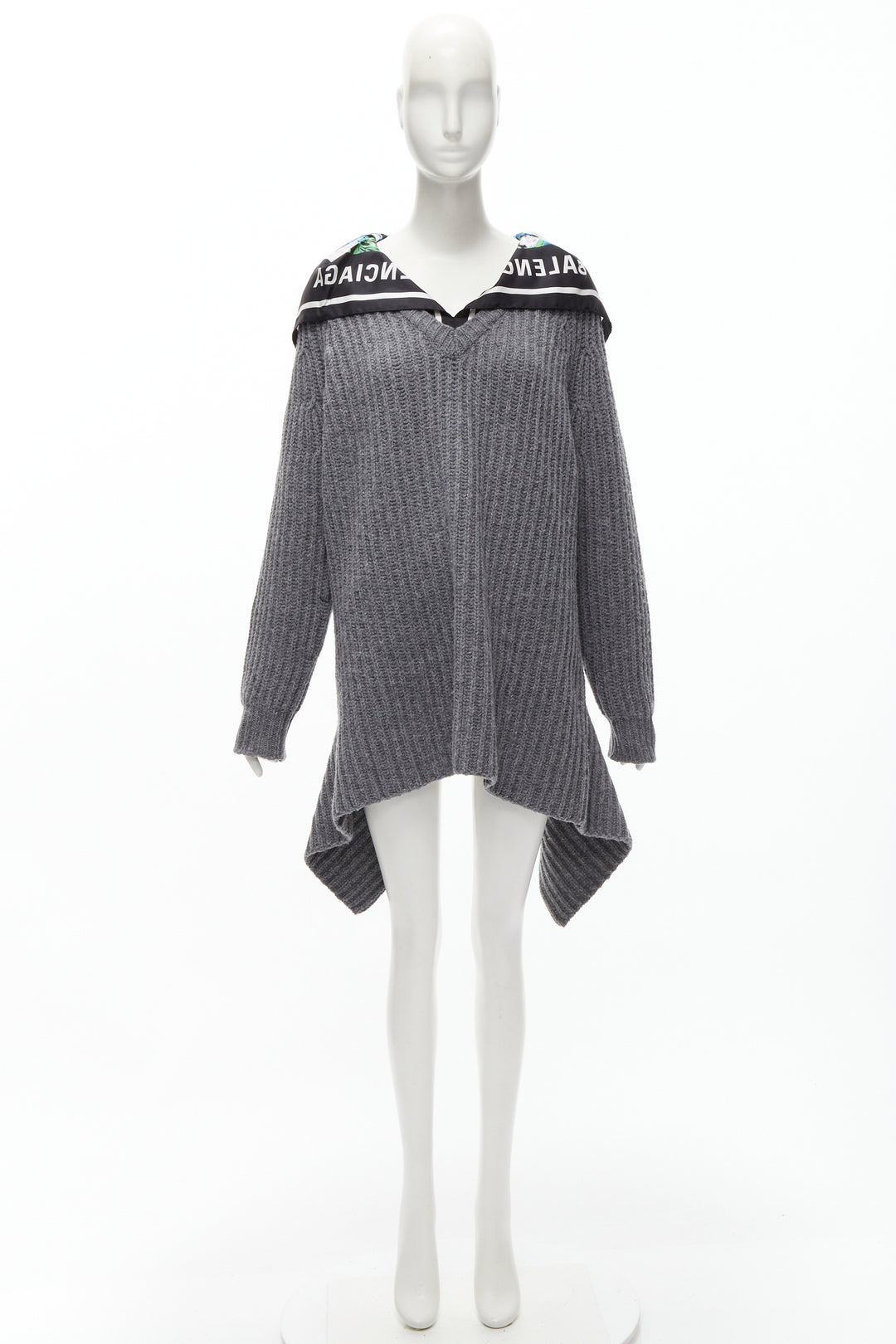 BALENCIAGA 2018 Demna grey wool silk scarf collar detached hem sweater FR34 XS